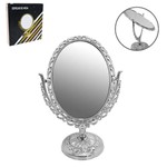 Espelho de Mesa Oval Dupla Face com Pedestal e Aumento Metalizado Prata 25x16 5x9cm na Caixa
