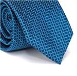 Gravata Tradicional em Poliéster Azul Marinho com Desenhos Geométricos em Azul e Detalhes em Branco