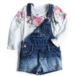 Jardineira Infantil em Jeans com Tachas e Apliques e Camiseta Malha Flamê Flores Conj.6