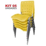 KIT 5 Cadeira Empilhável Ergonômica Ergoplax Estrutura Prata Assento Encosto Plástico Amarelo