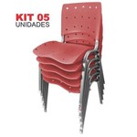 KIT 5 Cadeira Empilhável Ergonômica Ergoplax Estrutura Prata Assento Encosto Plástico Cereja