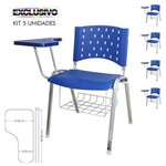 KIT 5 Cadeira Universitária AZUL Estrutura Prata Prancheta Plástica com Porta Livros - ULTRA Móveis