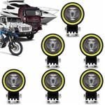 Kit 6 Faróis de Milha Circular Led 6000k 10w com Angel Eyes Universal Carro Moto Caminhão Jeep