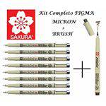 Kit 9 Canetas Nankin Pigma Micron Sakura + Brush Preta