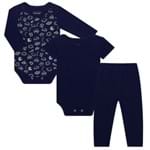 Kit: Body Longo + Body Curto + Calça para Bebê em Algodão Nave Espacial Marinho - Orango Kids