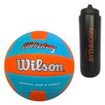 Kit Bola de Vôlei Super Soft Play Wilson Azul Claro/Laranja + Squeeze Automático 1lt
