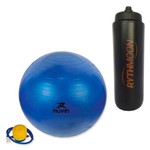 Kit Bola Pilates Fitball C/ Bomba Muvin 75cm Azul + Squeeze Automático 1lt