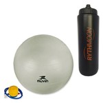 Kit Bola Pilates Fitball C/ Bomba Muvin 75cm Cinza + Squeeze Automático 1lt