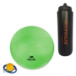 Kit Bola Pilates Fitball C/ Bomba Muvin 75cm Verde + Squeeze Automático 1lt