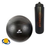 Kit Bola Pilates Fitball C/ Bomba Muvin 55cm Preto + Squeeze Automático 1lt