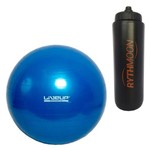 Kit Bola Pilates Yoga Fitball Liveup 65cm Azul + Squeeze Automático 1lt
