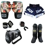 Kit Boxe Muay Thai Fheras Top - Luva Bandagem Bucal Caneleira Bolsa Shorts - BANDEIRA