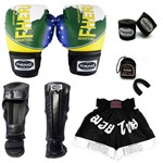 Kit Boxe Muay Thai Fheras Top - Luva Bandagem Bucal Caneleira Shorts - Brasil