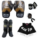 Kit Boxe Muay Thai Fheras Top - Luva Bandagem Bucal Caneleira Shorts - Cobre