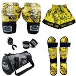 Kit Boxe Top- Luva Bandagem Bucal Caneleira Bolsa e Shorts - GRAFITE