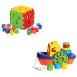 Kit 2 Brinquedo Didático Educativo Barco e Cubo Bebe + 1 Ano - Mercotoys