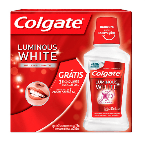 Kit Colgate Luminous White Creme Dental 70g 3 Unidades + Enxaguante Bucal 250ml