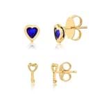Kit de Brincos com Coração Azul e Chave Pequena Folheado em Ouro 18k – 2180000001879