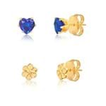 Kit de Brincos com Coração de Pedra Natural Azul e Mini Flor Folheado em Ouro 18k - 2180000001342
