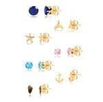 Kit de Sete Brincos com Pedras Azuis, Rosa e Pingentes do Mar Folheados em Ouro 18k – 8888000000025