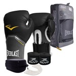 Kit Elite Masculino / Feminino - Boxe Muay Thai Kickboxing - Luva 16 Oz Everlast + Bandagem + Protetor Bucal - Preto