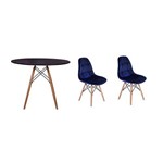 Kit Mesa Jantar Eiffel 90cm Preta + 02 Cadeiras Botonê Veludo - Azul Marinho