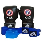 Kit Muay Thai Boxe Luva Bandagem Bucal Infantil Kids 04 Oz Fight Brasil Preta