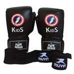 Kit Muay Thai Boxe Luva Bandagem Infantil Kids 04 Oz Preta Fight Brasil