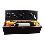 Kit para Vinho Luxo com 6 Acessórios Inox Caixa Madeira Dosador