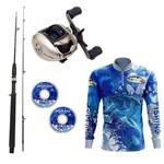 Kit Pesca 1 Carretilha Elite 3000 com 1 Vara Ottoni 2 Linhas Monofilamento e 1 Camisa Makis Fishing Proteção UV