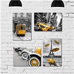 Kit Placa Decorativa Mdf Cidades em Detalhe Amarelo 4un 30x40
