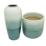 Kit Vaso em Cerâmica Bege e Azul Claro