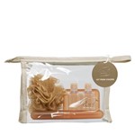 Kit Viagem Dauf Dourado com Porta Escova+porta Sabonete+bucha+recipiente para Shampoo+recipiente para Condicionador