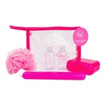 Kit Viagem Dauf Rosa com Porta Escova + Porta Sabonete + Bucha + Recipiente para Shampoo + Recipiente para Condicionador