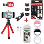 Kit Youtuber Tripé Flexível para Celular Câmera + Kit Lentes + Luz de Selfie Ring Light Smartphone