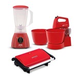 Liquidificador Optimix Vermelho + Batedeira Facilita Vermelha + Grill Compact Uno Arno