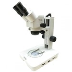 Microscópio Estereoscópico Binocular Zoom 1X ~ 4X, Aumento 10X ~ 160X e Iluminação Transmitida e Refletida LED.