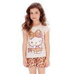 Pijama Curto Infantil em Malha Hello Kitty Bege e Marrom C/brilho