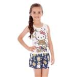 Pijama Curto Infantil Regata em Malha Hello Kitty Branco e Azul 8anos