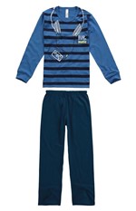 Pijama Longo Estampado Azul Escuro - 1