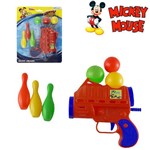 Pistola Lanca Bola com 3 Bolas 3 Pinos de Boliche Mickey na Cartela