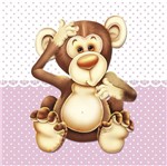 Placa Decorativa Infantil com Aplique em MDF Litocart LPQI-010R 20X20cm Macaco Fundo Rosa