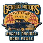 Placa Parede Metal Recortada Gm Super Trucks Muscle Engines Azul / Amarelo