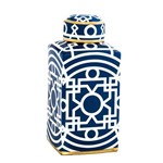 Potiche de Cerâmica com Tampa - Azul e Branco Retangular Médio 31cm