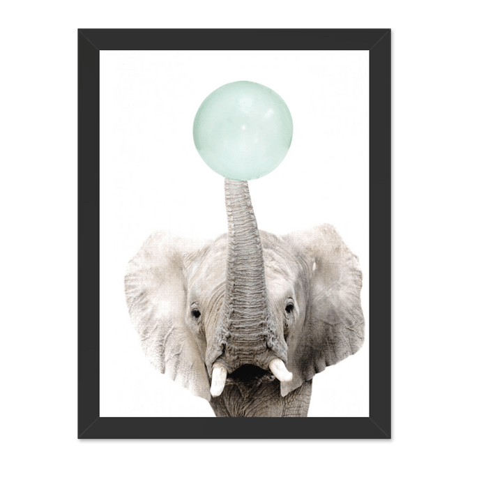 Quadro Elefante Mascando Chiclete Menta Preta Lisa - 30x20 Cm - Sem Vidro