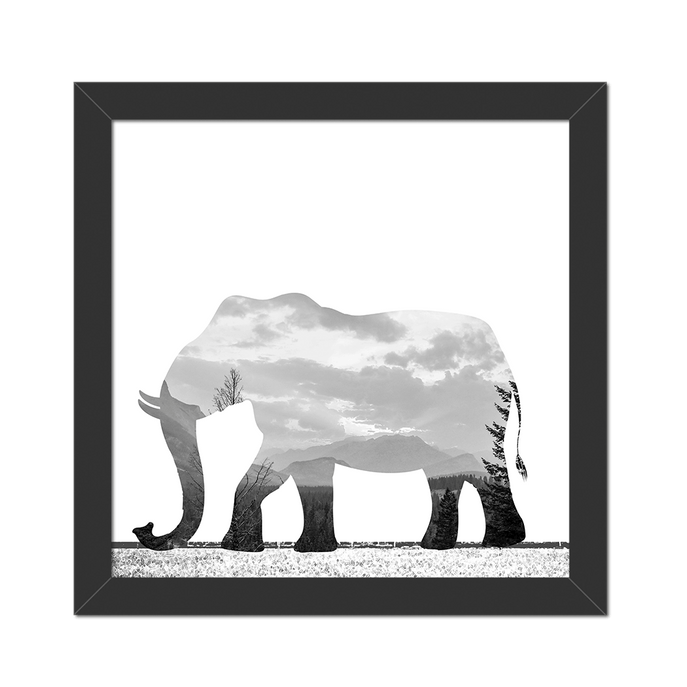Quadro Elefante Paisagem Moldura Preta Lisa - 20X20cm-sv