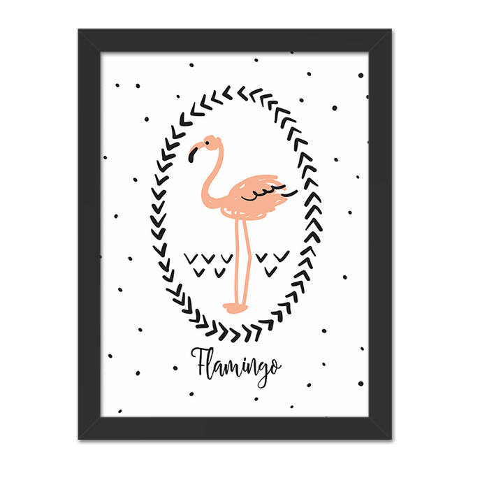 Quadro Flamingo Poá Moldura Preta Lisa - 30X20cm-sv