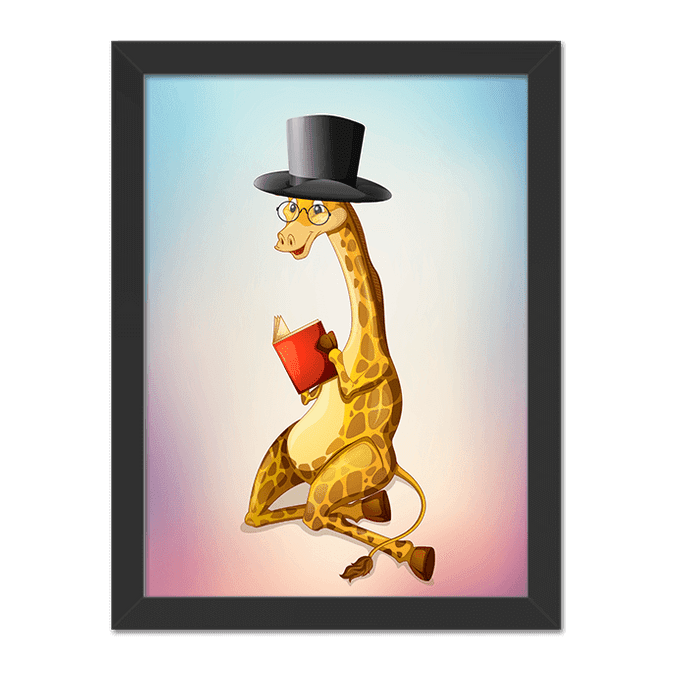 Quadro Girafa Leitura Moldura Preta Lisa - 30X20cm-sv