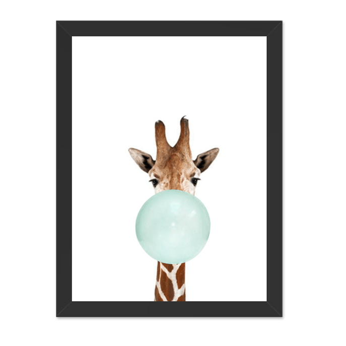 Quadro Girafa Mascando Chiclete Menta Preta Lisa - 30x20 Cm - Sem Vidro