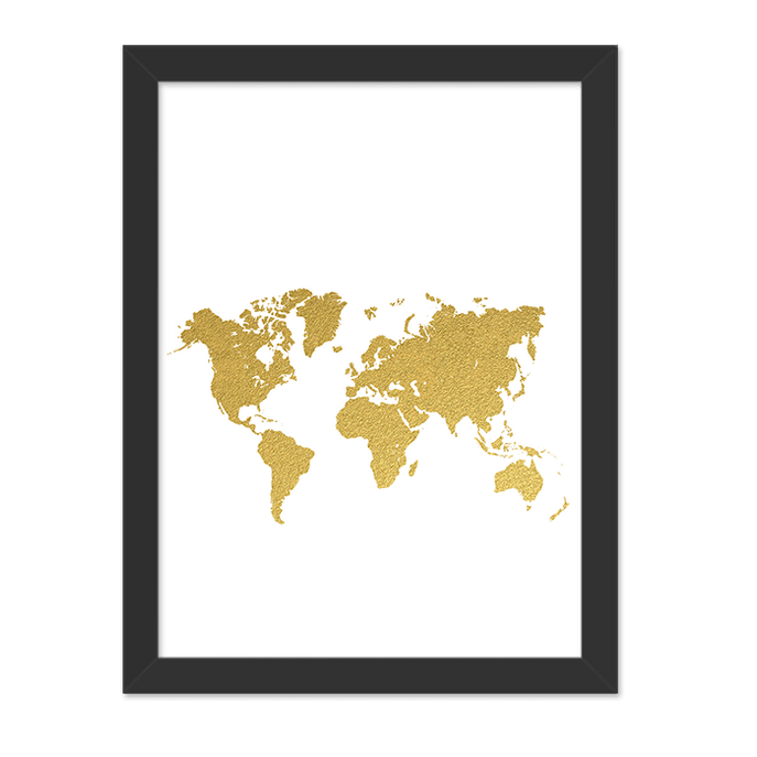 Quadro Mapa Dourado Vertical Moldura Preta Lisa 30x20cm-sv